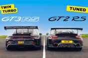 Twin-turbo Porsche 992 GT3 RS racing a tuned Porsche 991 GT2 RS during a high-performance drag race showdown.