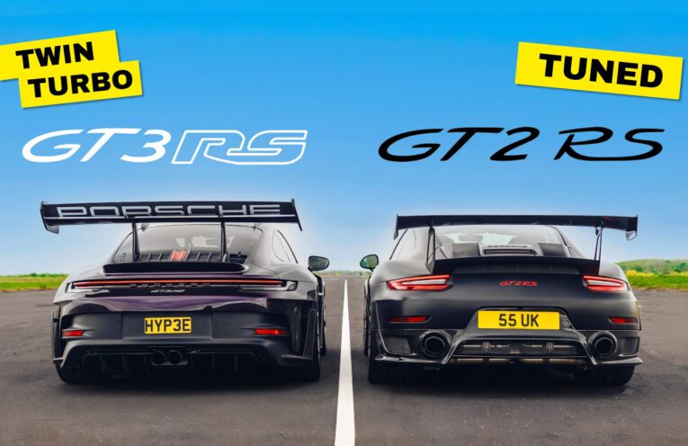 Twin-turbo Porsche 992 GT3 RS racing a tuned Porsche 991 GT2 RS during a high-performance drag race showdown.