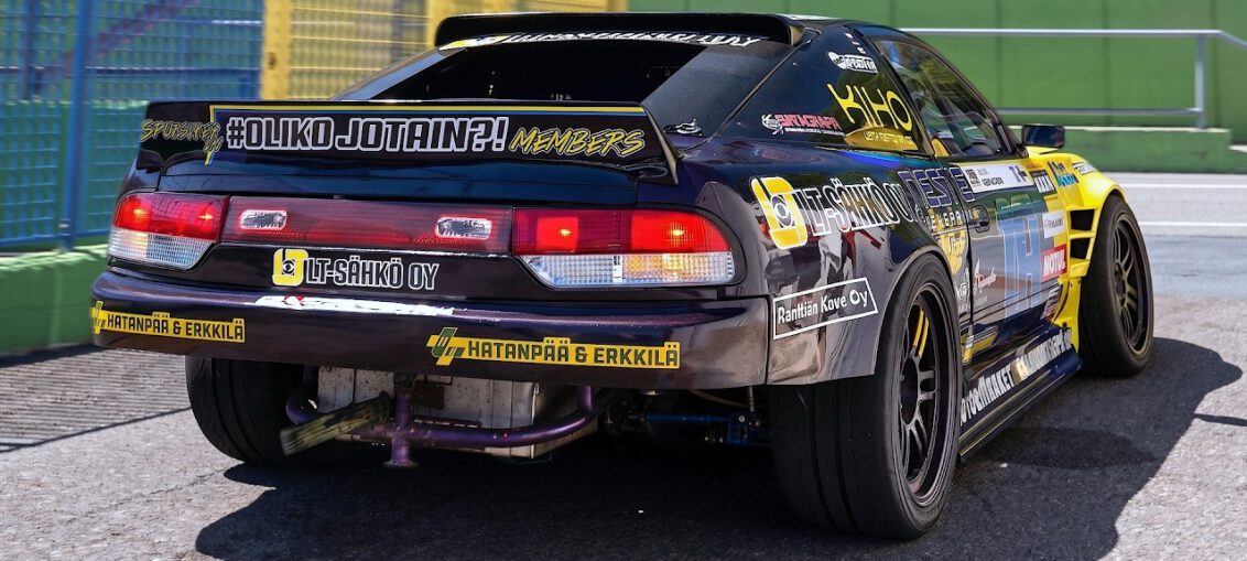 Lauri Heinonen Nissan 180SX with supercharged NASCAR V8 drifting at Drift Masters 2026