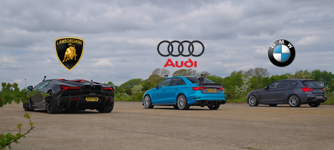 Tuned BMW M140i racing a Lamborghini Revuelto and Audi S3 during a high-horsepower drag race.