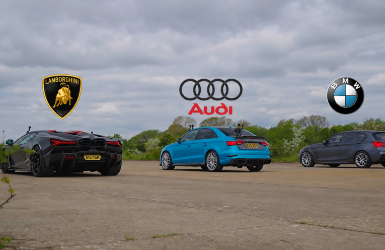 Tuned BMW M140i racing a Lamborghini Revuelto and Audi S3 during a high-horsepower drag race.