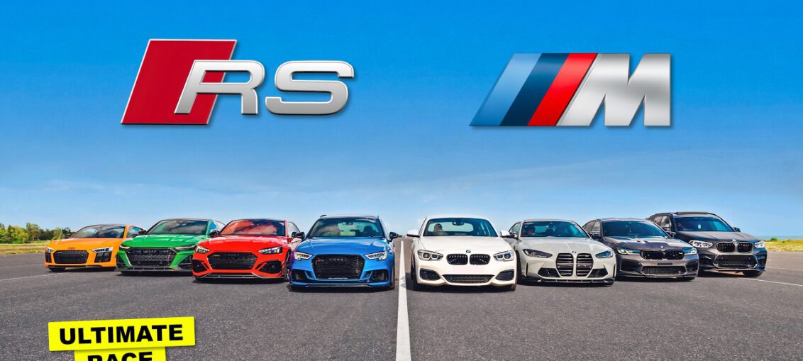 BMW M Power and Audi RS performance cars lined up for drag racing battle including M5, M4, RS7, RS3 and other modified vehicles on a runway in changing weather conditions.