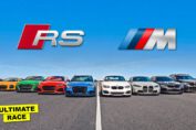 BMW M Power and Audi RS performance cars lined up for drag racing battle including M5, M4, RS7, RS3 and other modified vehicles on a runway in changing weather conditions.