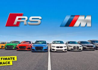 BMW M Power and Audi RS performance cars lined up for drag racing battle including M5, M4, RS7, RS3 and other modified vehicles on a runway in changing weather conditions.