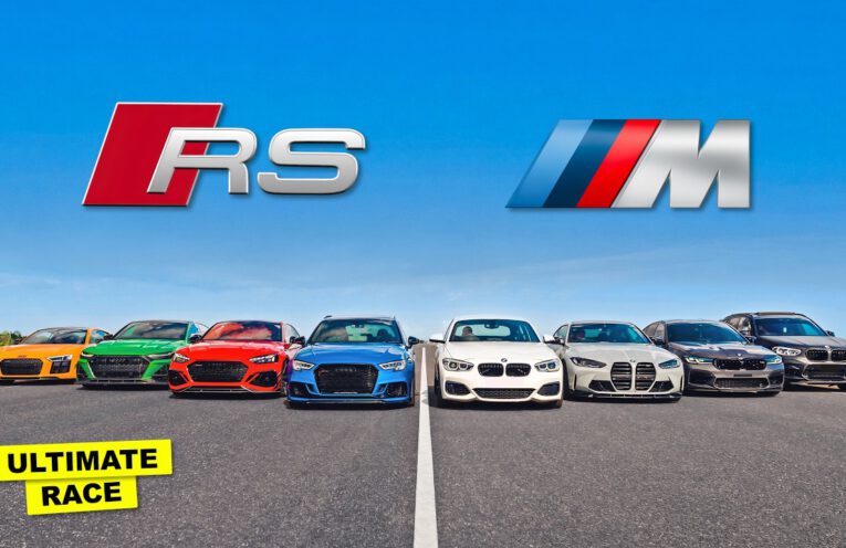 BMW M Power and Audi RS performance cars lined up for drag racing battle including M5, M4, RS7, RS3 and other modified vehicles on a runway in changing weather conditions.