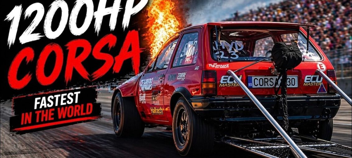 1200HP Opel Corsa drag car driven by Dawid Lamik launching down the runway at the RoDrag Racing event in Romania during a record-setting quarter-mile run.