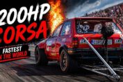 1200HP Opel Corsa drag car driven by Dawid Lamik launching down the runway at the RoDrag Racing event in Romania during a record-setting quarter-mile run.