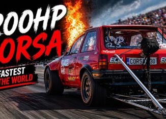 1200HP Opel Corsa drag car driven by Dawid Lamik launching down the runway at the RoDrag Racing event in Romania during a record-setting quarter-mile run.