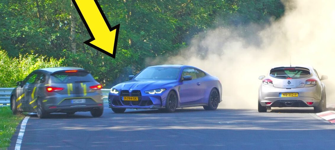 Multiple drivers experience near crashes and mistakes during a hot Nürburgring Nordschleife tourist driving session.