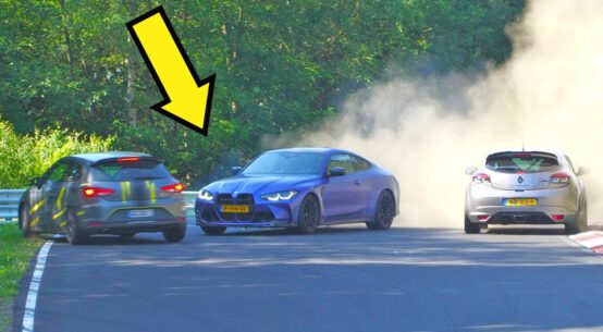 Multiple drivers experience near crashes and mistakes during a hot Nürburgring Nordschleife tourist driving session.