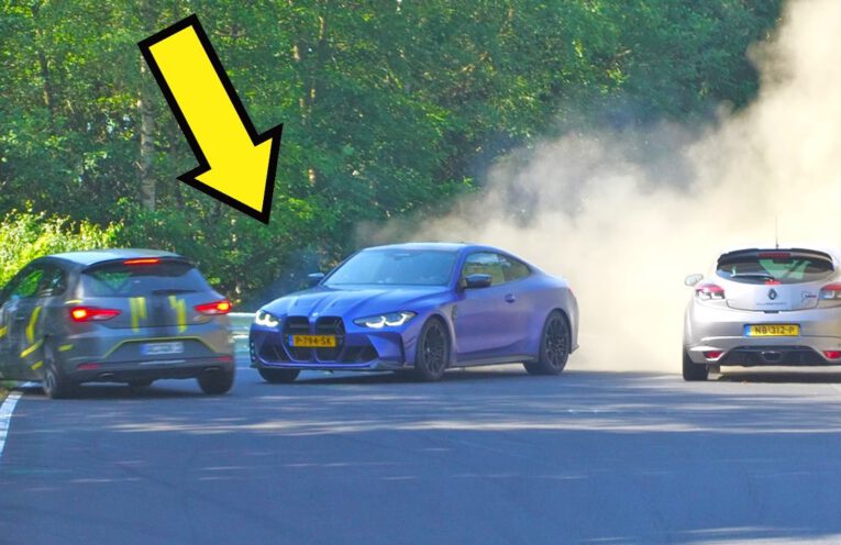 Multiple drivers experience near crashes and mistakes during a hot Nürburgring Nordschleife tourist driving session.