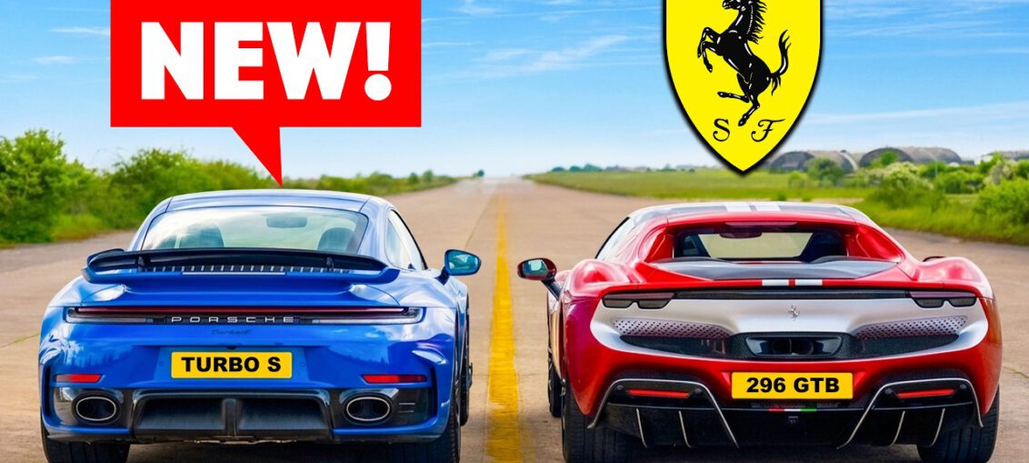 Porsche 911 Turbo S racing a Ferrari 296 GTB during a hybrid supercar drag race.