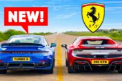 Porsche 911 Turbo S racing a Ferrari 296 GTB during a hybrid supercar drag race.