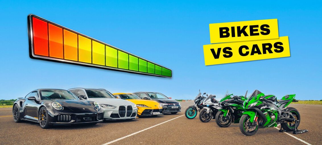 A performance car and a superbike launch side-by-side during an intense drag race comparing modern sports cars against high-performance motorcycles.