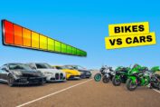 A performance car and a superbike launch side-by-side during an intense drag race comparing modern sports cars against high-performance motorcycles.