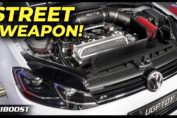 White Volkswagen Golf R with a Daza Audi RS3 5-cylinder engine swap and large turbocharger producing over 1000 horsepower.