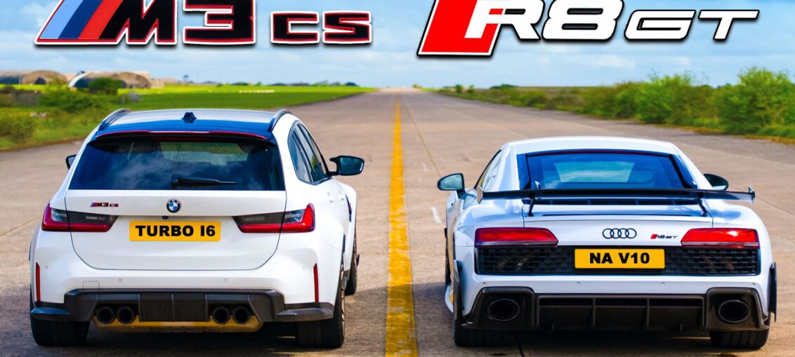 BMW M3 CS Touring racing alongside an Audi R8 GT during a high-performance drag race comparison.
