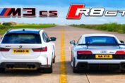 BMW M3 CS Touring racing alongside an Audi R8 GT during a high-performance drag race comparison.