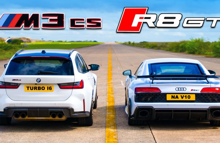 BMW M3 CS Touring racing alongside an Audi R8 GT during a high-performance drag race comparison.