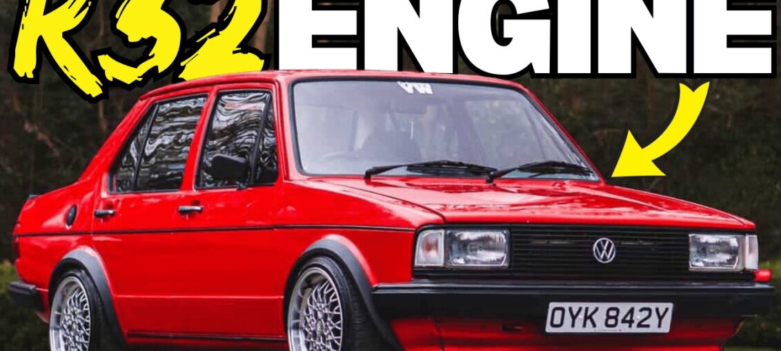 Classic Volkswagen Mk1 Jetta fitted with a 3.2-liter R32 VR6 engine swap driving on a country road.