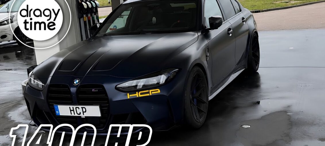 BMW M3 G80 Competition X-Drive LCI with Pulsar 8582-G turbo setup producing 1400 WHP, shown during high-speed acceleration run from 100 to 250 km/h on a road in Germany.