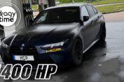 BMW M3 G80 Competition X-Drive LCI with Pulsar 8582-G turbo setup producing 1400 WHP, shown during high-speed acceleration run from 100 to 250 km/h on a road in Germany.
