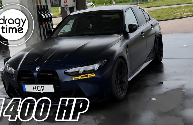 BMW M3 G80 Competition X-Drive LCI with Pulsar 8582-G turbo setup producing 1400 WHP, shown during high-speed acceleration run from 100 to 250 km/h on a road in Germany.