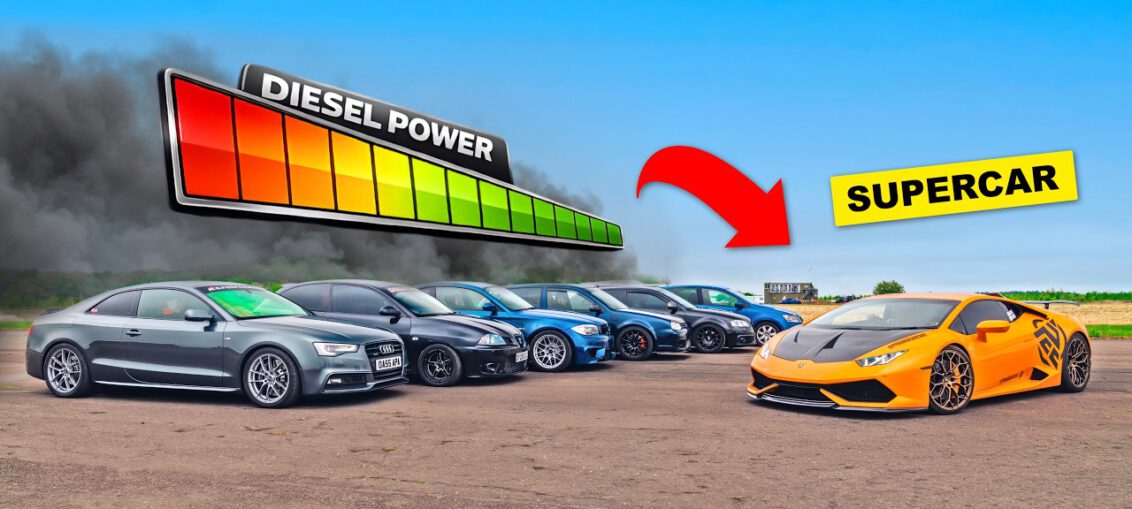 Lamborghini Huracan racing heavily modified diesel cars during a drag race challenge.