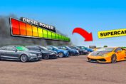 Lamborghini Huracan racing heavily modified diesel cars during a drag race challenge.