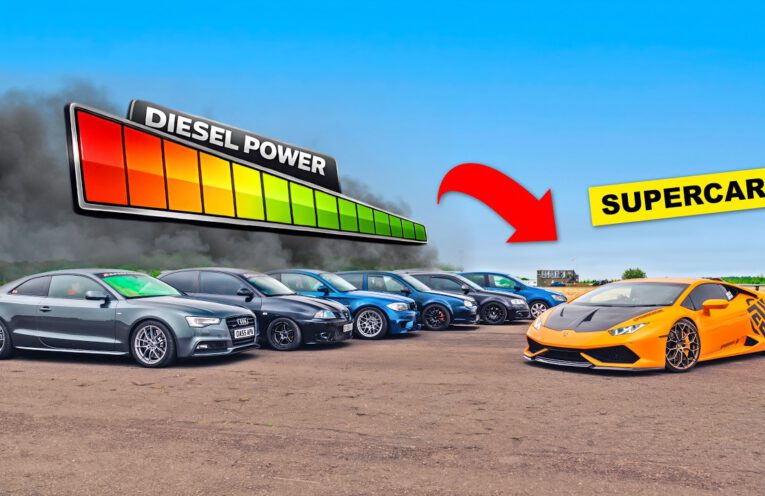 Lamborghini Huracan racing heavily modified diesel cars during a drag race challenge.