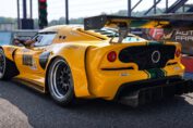 550HP Lotus Exige V6 Cup R Time Attack race car with widebody kit, slick tyres, sequential gearbox and supercharged V6 engine on track.