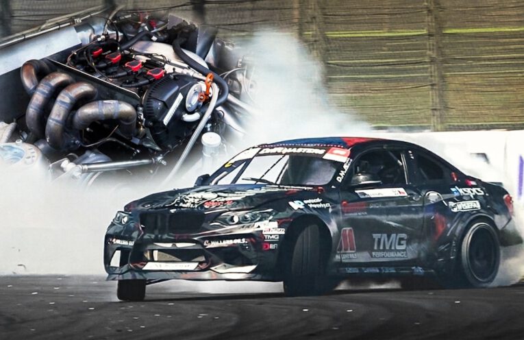 Marco Zakouřil's BMW M2 F87 drift car powered by an 800+HP Volkswagen EA888 turbocharged engine competing in Drift Masters 2026.