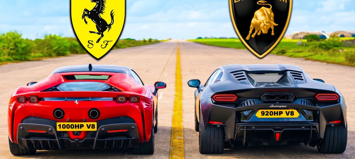 Ferrari SF90 and Lamborghini Temerario hybrid supercars competing in a high-performance drag race.