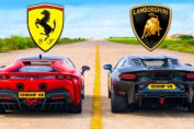 Ferrari SF90 and Lamborghini Temerario hybrid supercars competing in a high-performance drag race.