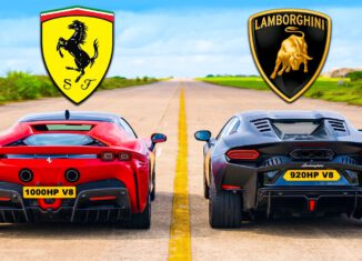 Ferrari SF90 and Lamborghini Temerario hybrid supercars competing in a high-performance drag race.
