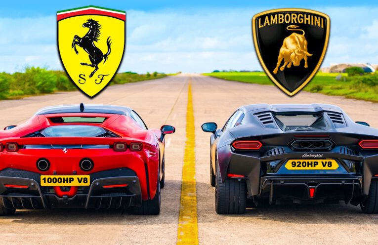 Ferrari SF90 and Lamborghini Temerario hybrid supercars competing in a high-performance drag race.