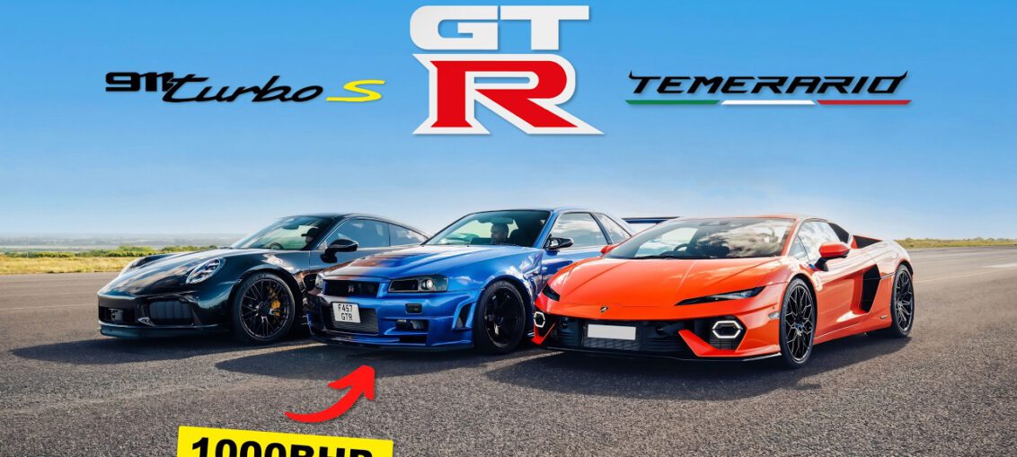 1000HP Nissan R34 GT-R drag racing against a Lamborghini Temerario and Porsche 911 Turbo S on a runway.
