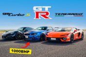 1000HP Nissan R34 GT-R drag racing against a Lamborghini Temerario and Porsche 911 Turbo S on a runway.