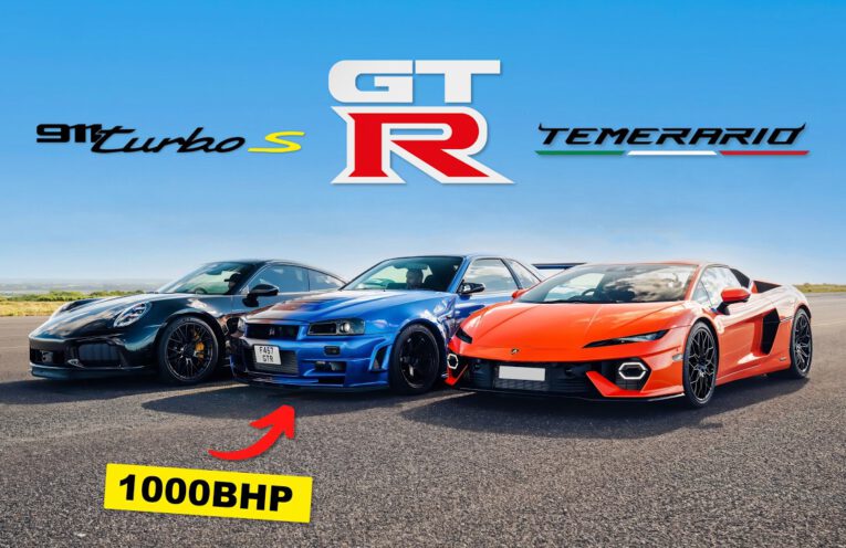 1000HP Nissan R34 GT-R drag racing against a Lamborghini Temerario and Porsche 911 Turbo S on a runway.