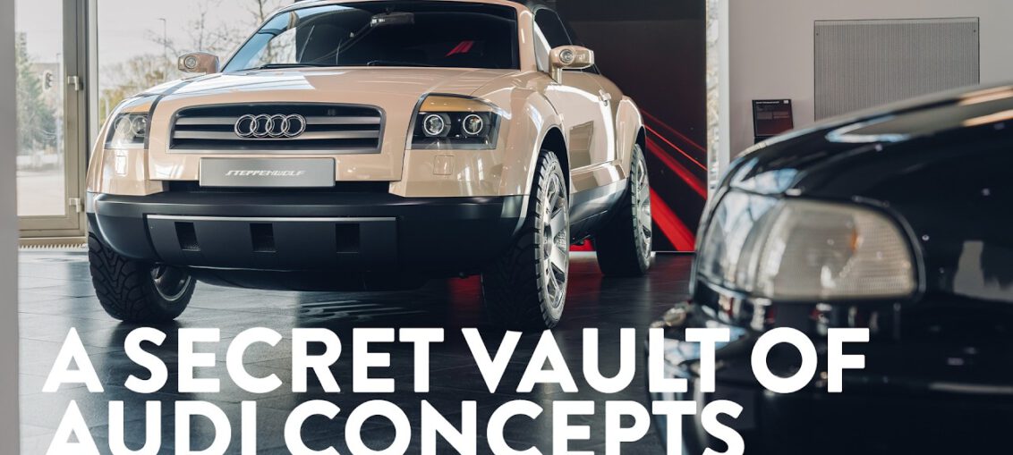 Audi Avus Quattro concept car displayed inside Audi Museum secret vault alongside rare Audi concept vehicles.