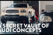 Audi Avus Quattro concept car displayed inside Audi Museum secret vault alongside rare Audi concept vehicles.