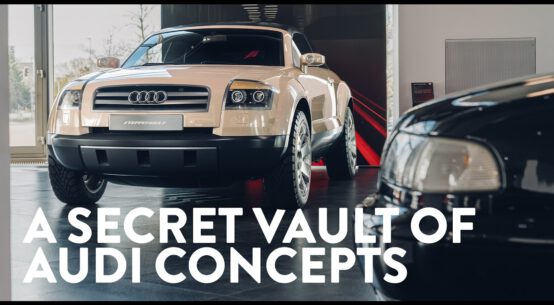 Audi Avus Quattro concept car displayed inside Audi Museum secret vault alongside rare Audi concept vehicles.