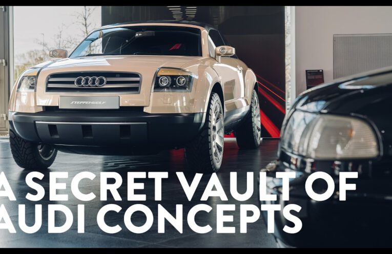 Audi Avus Quattro concept car displayed inside Audi Museum secret vault alongside rare Audi concept vehicles.