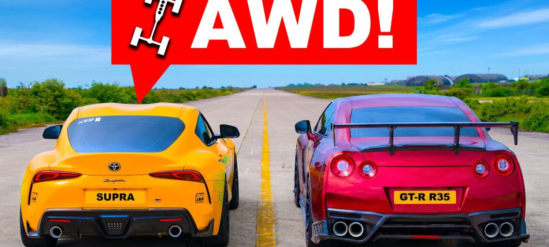 Modified all-wheel-drive Toyota Supra racing a 1000hp Nissan GT-R in a drag race.