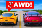 Modified all-wheel-drive Toyota Supra racing a 1000hp Nissan GT-R in a drag race.
