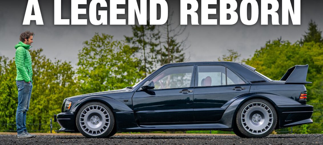 HWA EVO modern Mercedes 190E Evolution II restomod driving on mountain roads during a performance review.