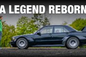 HWA EVO modern Mercedes 190E Evolution II restomod driving on mountain roads during a performance review.