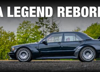 HWA EVO modern Mercedes 190E Evolution II restomod driving on mountain roads during a performance review.
