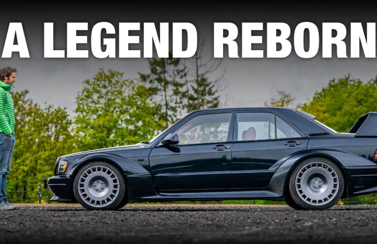 HWA EVO modern Mercedes 190E Evolution II restomod driving on mountain roads during a performance review.