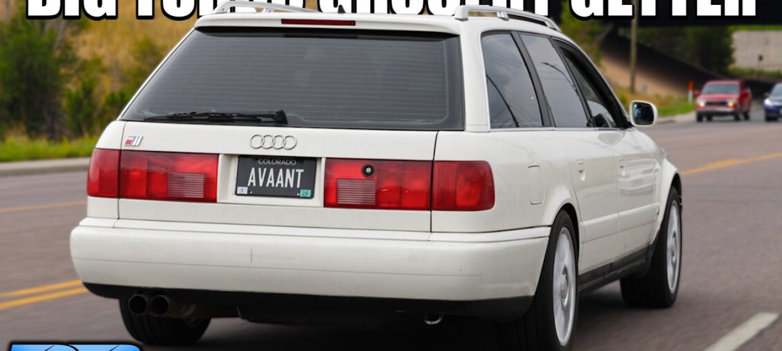 A classic Audi Avant wagon equipped with a large turbocharged 5-cylinder engine producing nearly 500 horsepower.